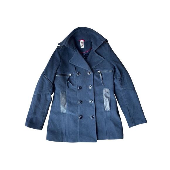 RUD By Rudsak Double Breasted Blue Pea Coat With Leather Trim Pockets - Picture 4 of 10